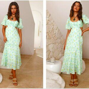 Hello Molly FLORENCE Floral  open back Flowy MAXI DRESS GREEN size S